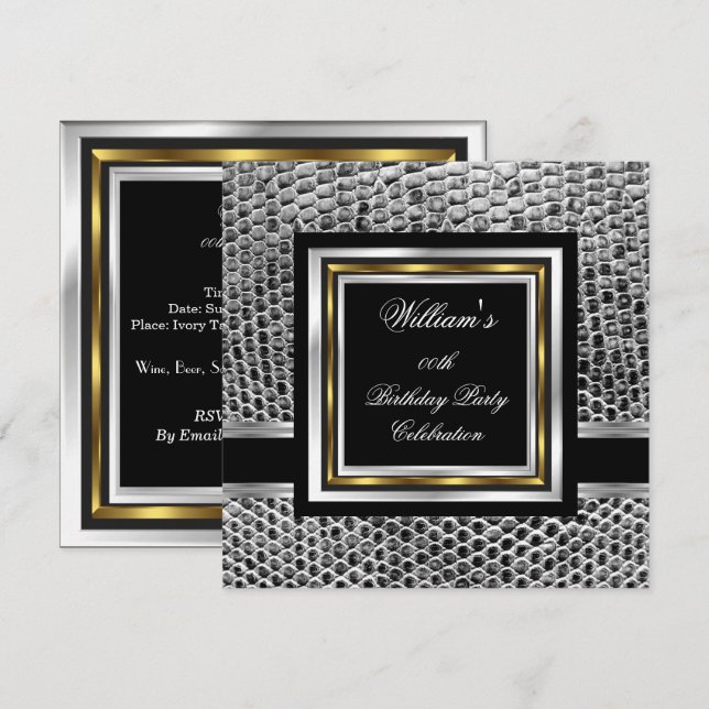 Invitation Mans Elegant Black Gold Silver Hommes de fête d'an (Devant / Derrière)