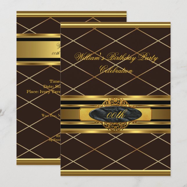 Invitation Mans Elégant Brown Gold Anniversaire Hommes (Devant / Derrière)