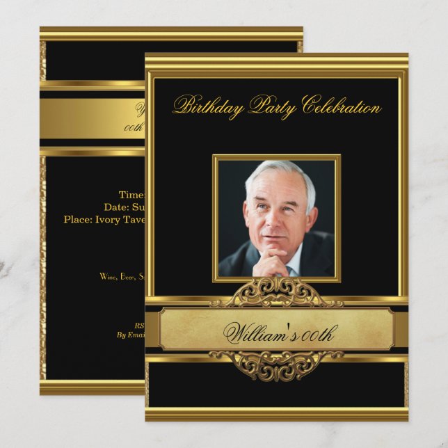 Invitation Mans Elegant Gold Birthday Party Hommes Photo 2 (Devant / Derrière)
