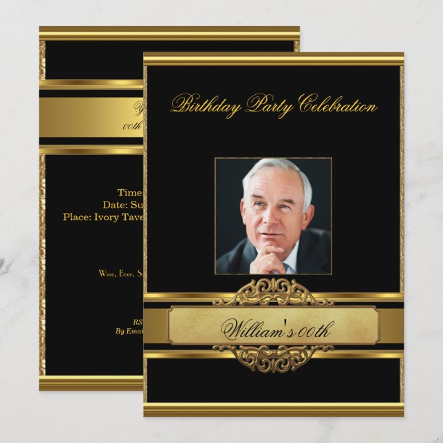 Invitation Mans Elegant Gold Fête Anniversaire Hommes Photo (Devant / Derrière)