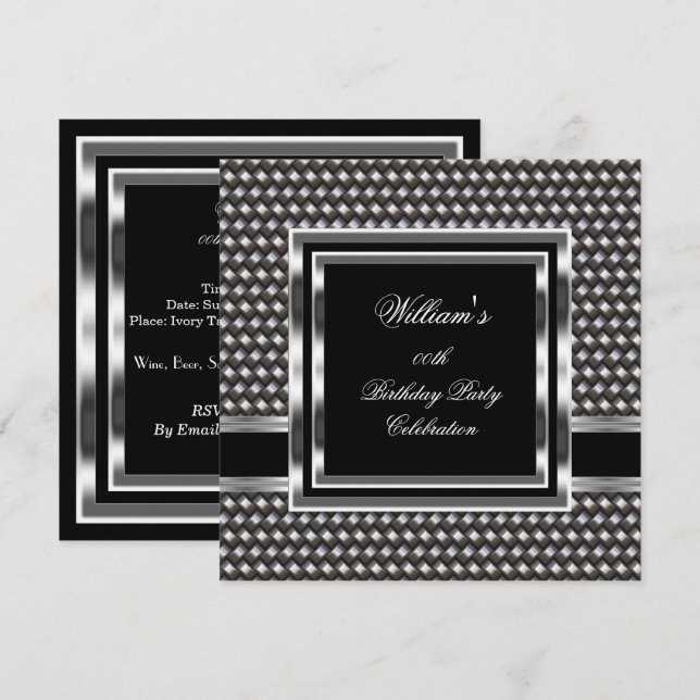 Invitation Mans Elégant Noir Argent Anniversaire Hommes (Devant / Derrière)