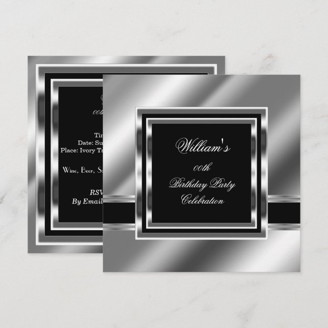 Invitation Mans Elégant Noir Argent Fête Anniversaire Mens 2 (Devant / Derrière)