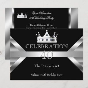 Invitation Mans Elégant Noir Argent Prince King Anniversaire