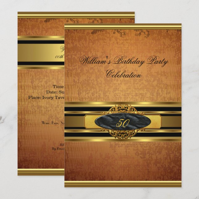 Invitation Mans Elegant Rustic Brown Gold Anniversaire Hommes (Devant / Derrière)
