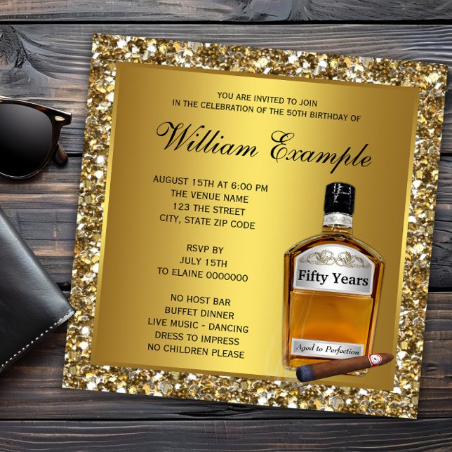 Invitation Mans Or vieilli à la perfection Whiskey Anniversai (Mans whiskey and cigar birthday any occasion invitation. All text, font and wording can be changed.)