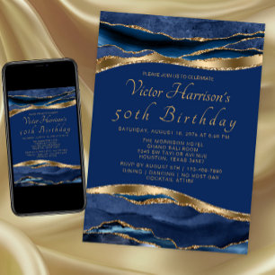 Invitation Mans Royal Blue Gold Agate Anniversaire