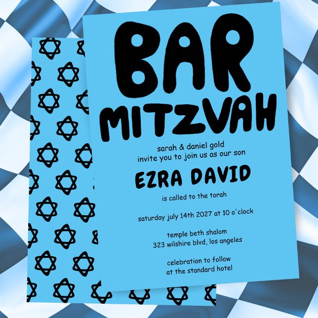 Invitation Manutention super BAR personnalisée Mitzvah Gras É (Groovy Handlettering Custom BAR Mitzvah Bold Blue Stars Invitation
)