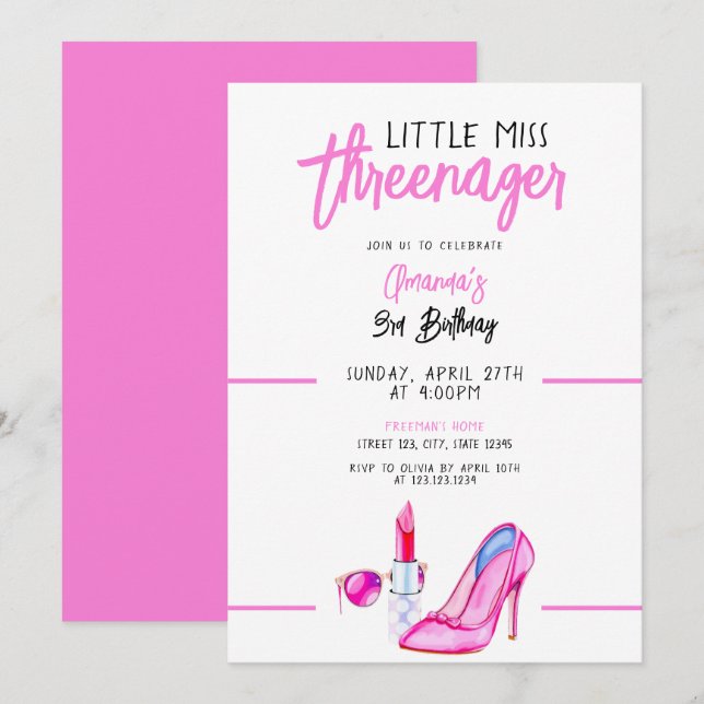 Invitation Maquillage rose cool Thème Fille Troisième anniver (Devant / Derrière)