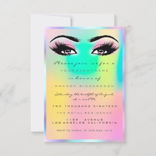 Invitation Maquillage Rose Holographique Mariée Douce 16ème (Devant)