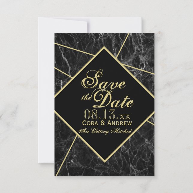 Invitation Marble and Gold Art Deco Geometric Save the Date I (Devant)