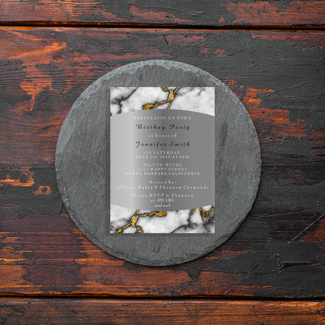 Invitation Marble Black Gold Silver Grey Événement Anniversai (Marble Black Gold Silver Gray Event Birthday Party Invitation)