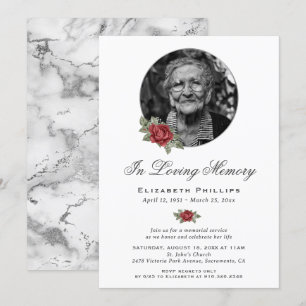 Invitation Marbre Argent Rouge Floral Photo Service Memorial