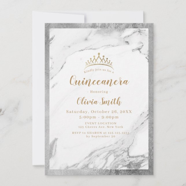 Invitation Marbre argenté faux doré moderne Quinceanera (Devant)