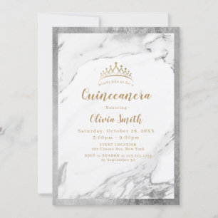 Invitation Marbre argenté faux doré moderne Quinceanera