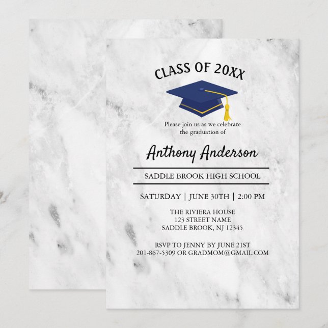 Invitation Marbre blanc avec Marine Blue Grad Casquette gradu (Devant / Derrière)