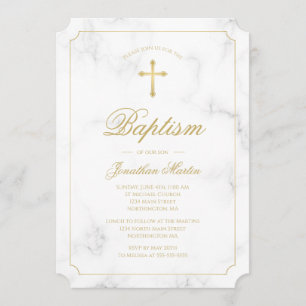 Invitation Marbre blanc Baptême Gold Cross Script Boy