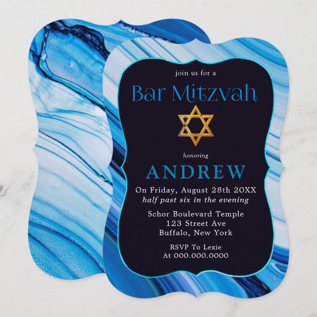 Invitation Marbre blanc Bleu Bar Mitzvah Étoile De David (Devant / Derrière)