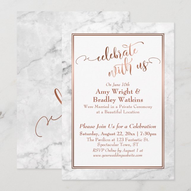 Invitation Marbre blanc de cuivre Célébrez avec nous Mariage  (Devant / Derrière)