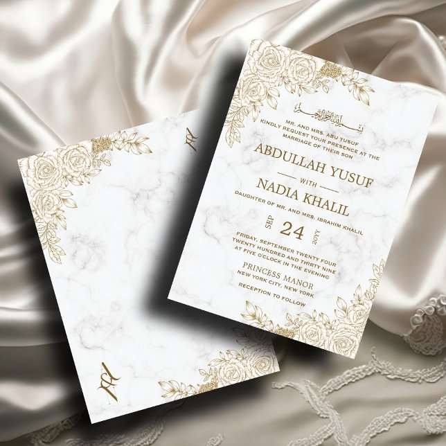 Invitation Marbre blanc Floral dentelle islamique Mariage mus (Créateur téléchargé)