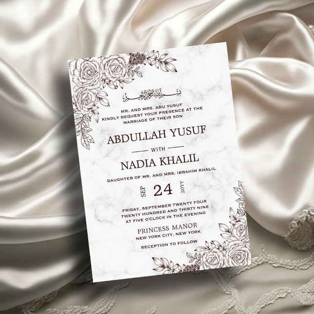 Invitation Marbre blanc Floral dentelle islamique Mariage mus (Créateur téléchargé)