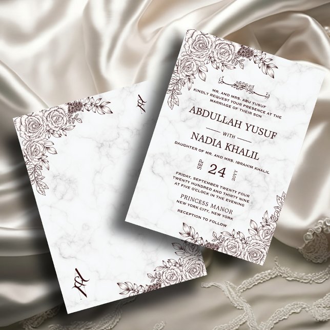 Invitation Marbre blanc Floral dentelle islamique Mariage mus (Créateur téléchargé)