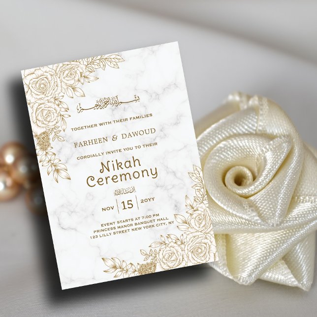Invitation Marbre blanc Floral dentelle islamique musulman Ni (Créateur téléchargé)