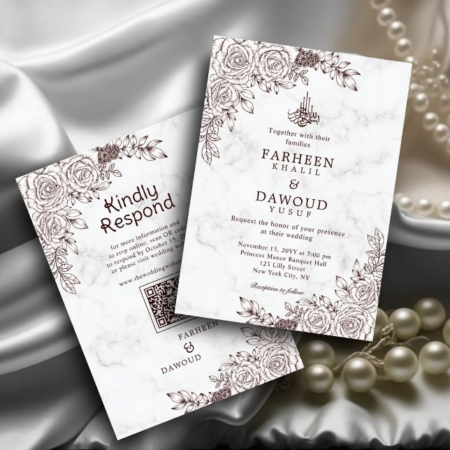 Invitation Marbre blanc Floral dentelle islamique QR Code Mar (Créateur téléchargé)