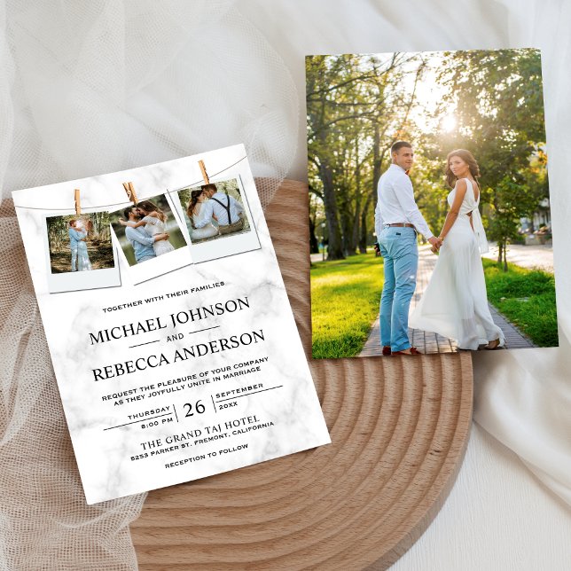 Invitation Marbre blanc moderne élégant Photo Collage Mariage (Créateur téléchargé)
