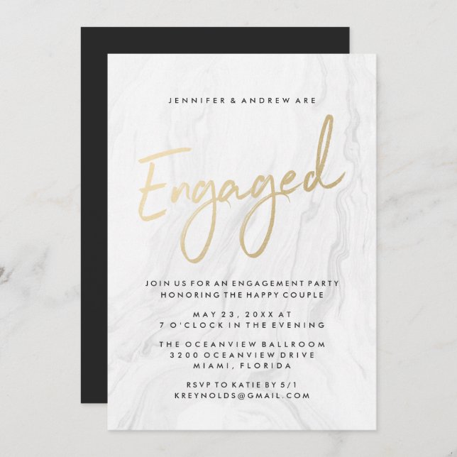 Invitation Marbre blanc moderne Gold Script | Partie d'engage (Devant / Derrière)