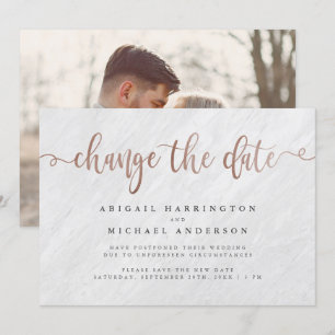 Invitation Marbre Blanc & Or Rose Script Changer la Date