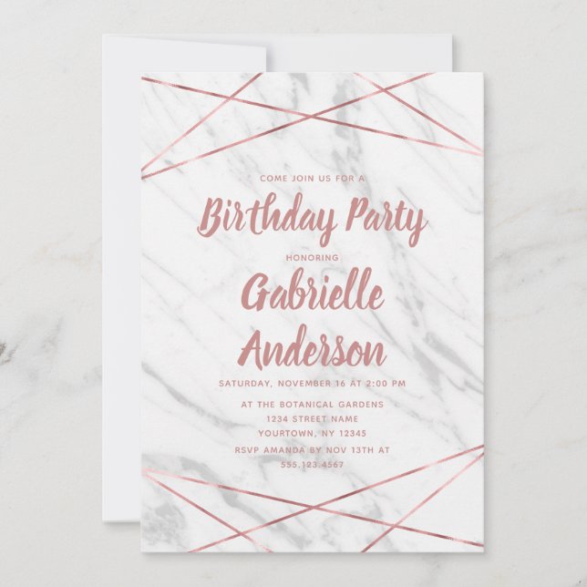Invitation Marbre blanc Rose Gold Anniversaire Fête Invitatio (Devant)