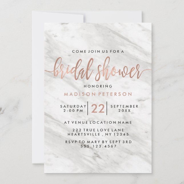 Invitation Marbre blanc & Rose Gold Bridal Showeuse Invitatio (Devant)