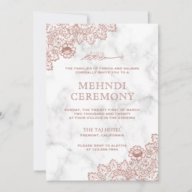 Invitation Marbre blanc Rose Or dentelle islamique Mehndi (Devant)