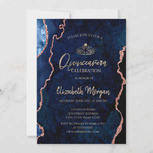 Invitation Marbre bleu Agate Rose or Tiara Quinceañera