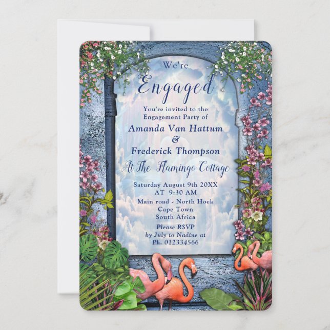 Invitation Marbre bleu et Flamants roses roses (Devant)
