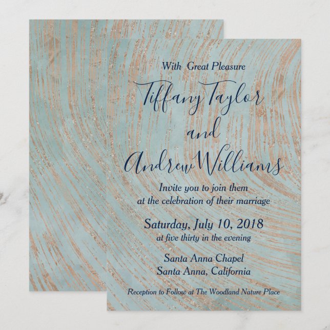 Invitation Marbre bleu et Mariage en cuivre (Devant / Derrière)