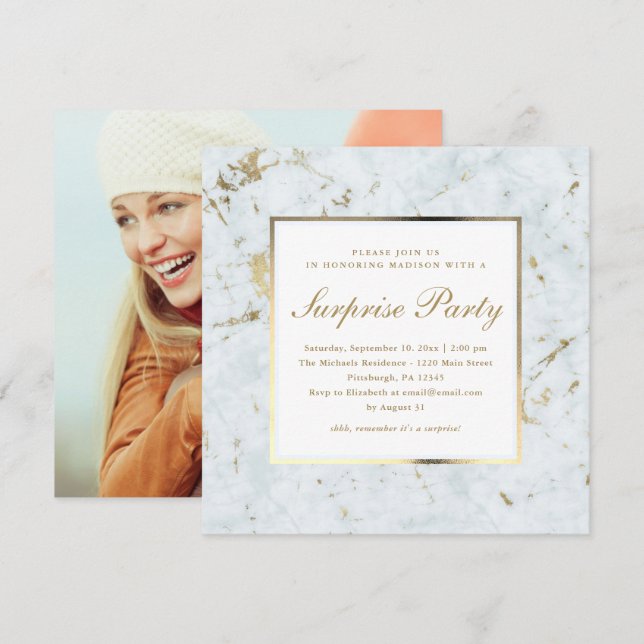 Invitation Marbre bleu Faux avec Photo Surprise Party (Devant / Derrière)