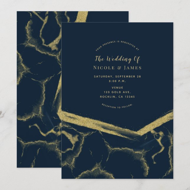 Invitation Marbre bleu foncé Marine & or Marbre chic Mariage  (Devant / Derrière)