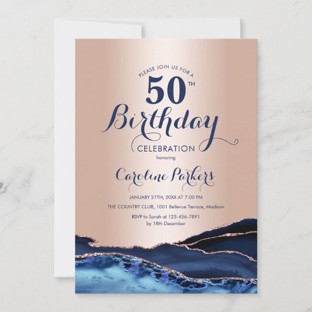 Invitation Marbre bleu marine rose 50e anniversaire (Devant)