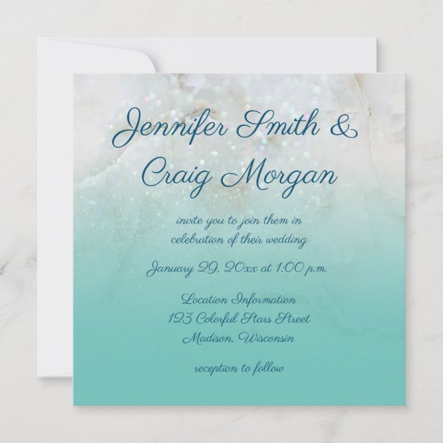 Invitation Marbre brillant Turquoise Ombre Mariage (Devant)