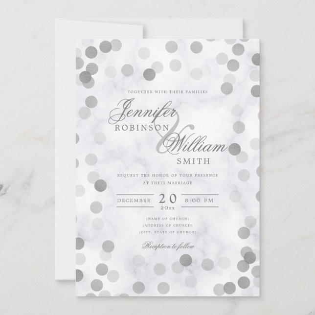 Invitation Marbre Confetti Argent De Mariage Simple Et Élégan (Devant)