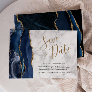 Invitation Marbre d'agate d'or bleu marine moderne Enregistre
