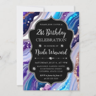 Invitation Marbre d'agate pailleté bleu et violet pour 21e an
