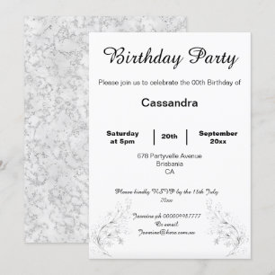 INVITATION MARBRE D'ARGENT ÉLÉGANT BLANC NOIR ANNIVERSAIRE PE