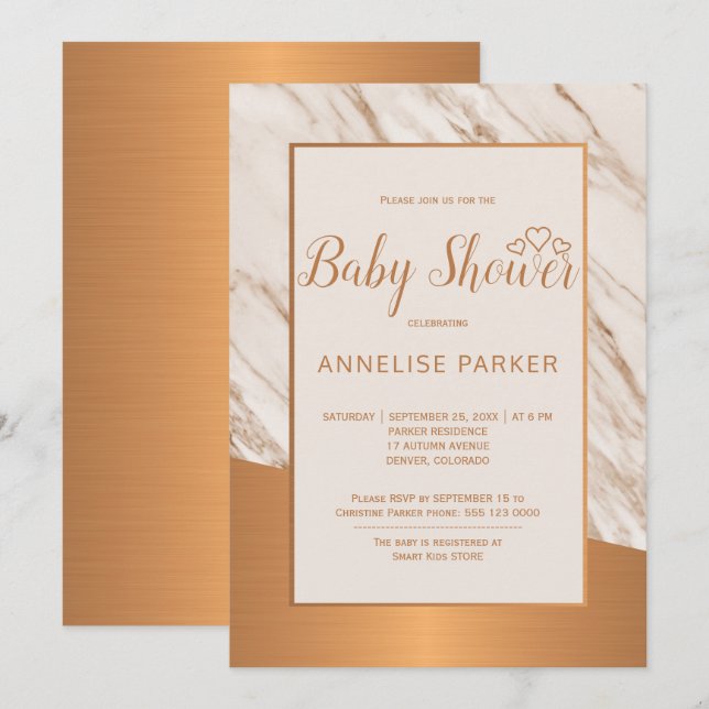 Invitation Marbre de cuivre tendance glam élégant baby shower (Devant / Derrière)