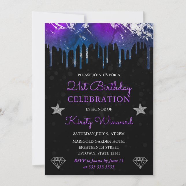 Invitation Marbre de galaxie violet, bleu et argent 21e anniv (Devant)