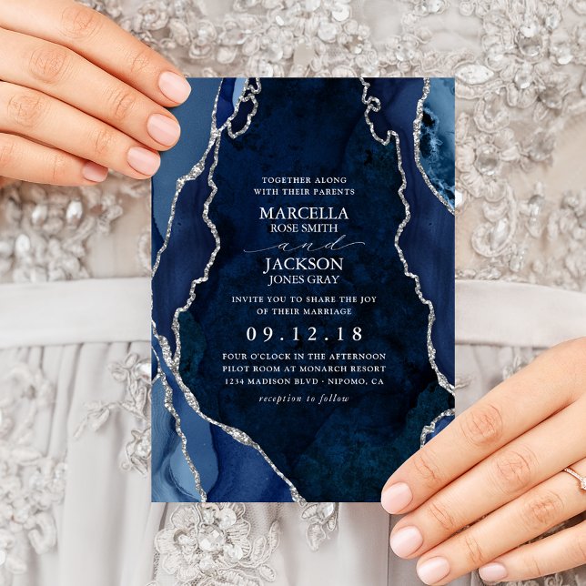 Invitation Marbre de marine et Mariage d'âge d'argent (Créateur téléchargé)
