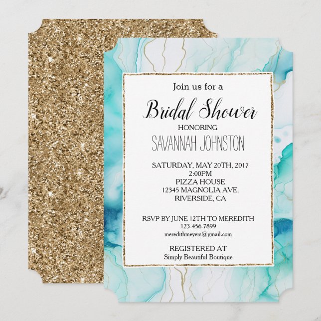 Invitation Marbre d'encre or Mint Aqua (Devant / Derrière)