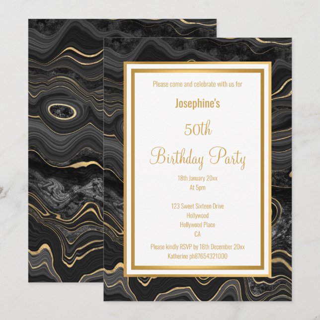 INVITATION MARBRE D'OR ÉLÉGANTEBLACK ANNIVERSAIRE (Devant / Derrière)