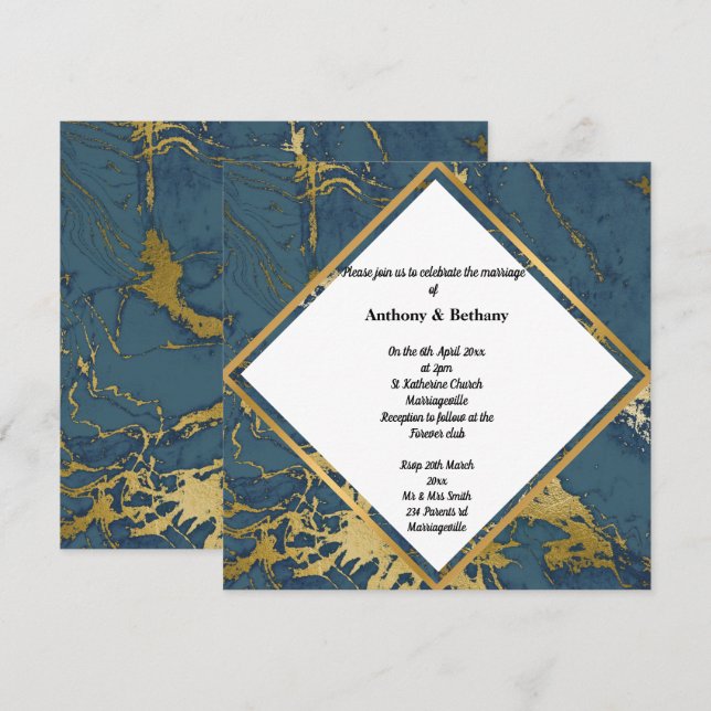 Invitation Marbre d'or marine Inspiré Abstrait Gold 2 Mariage (Devant / Derrière)